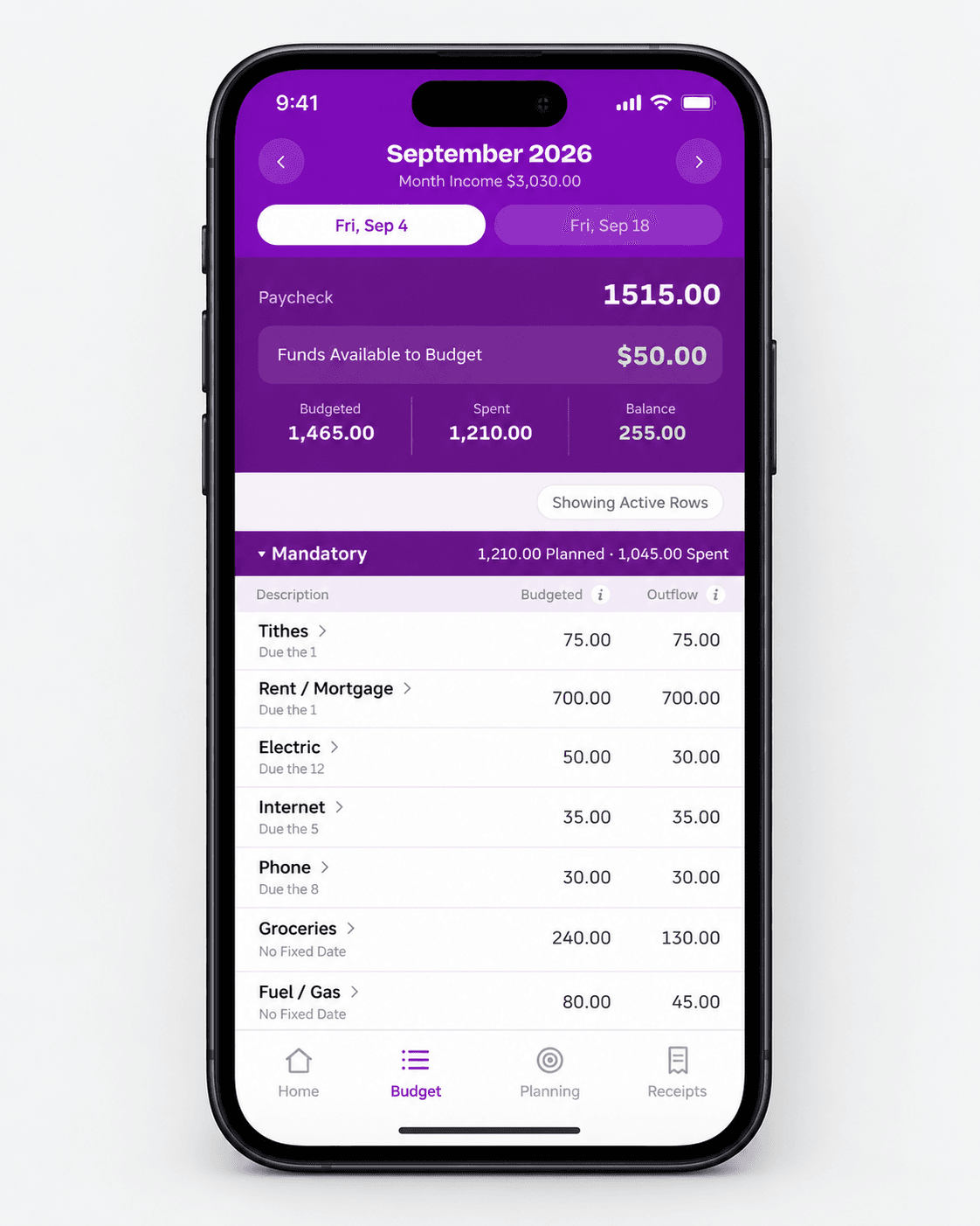 Pay Dirt paycheck budget with bills and spending categories