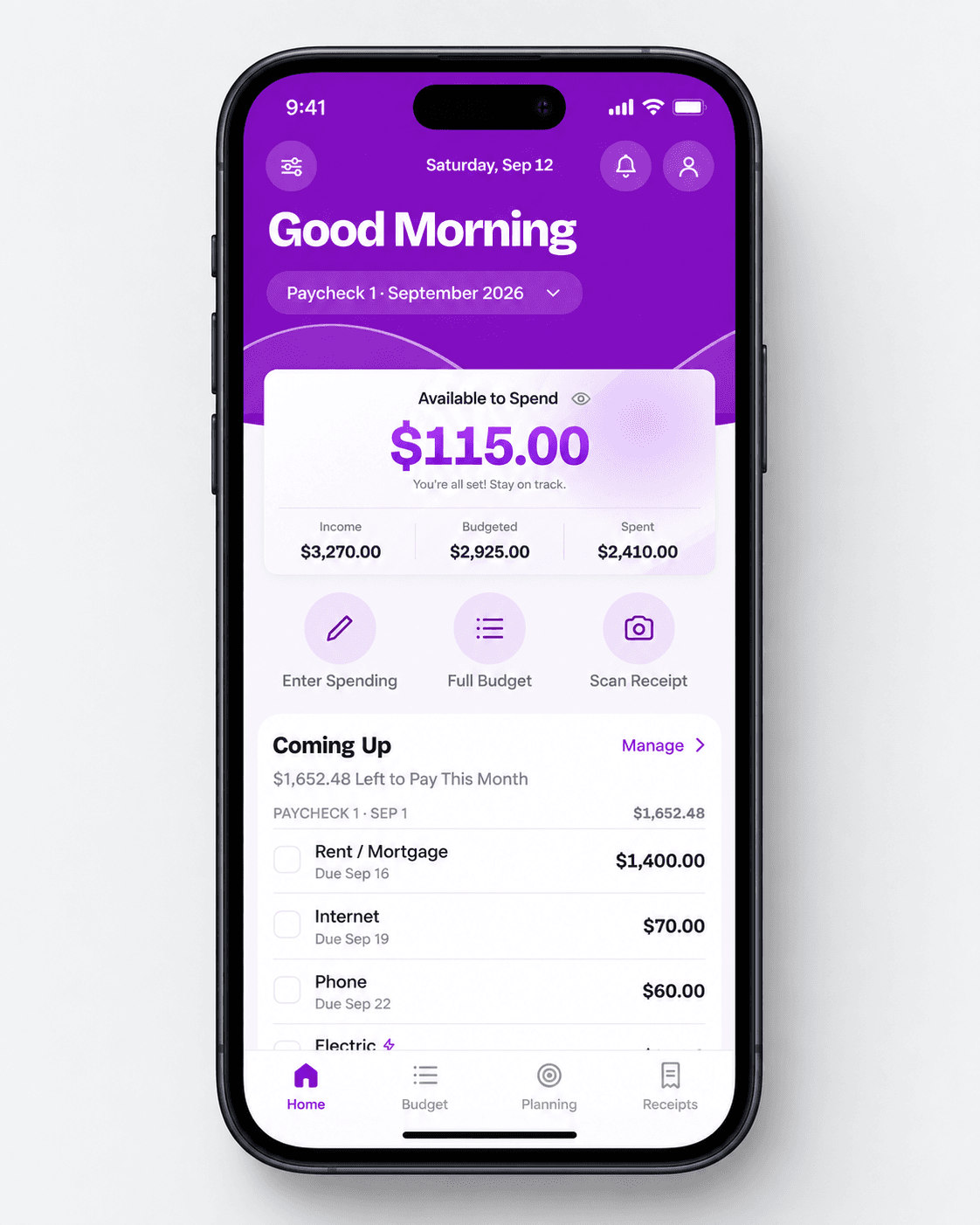 Pay Dirt home screen showing $115 available to spend