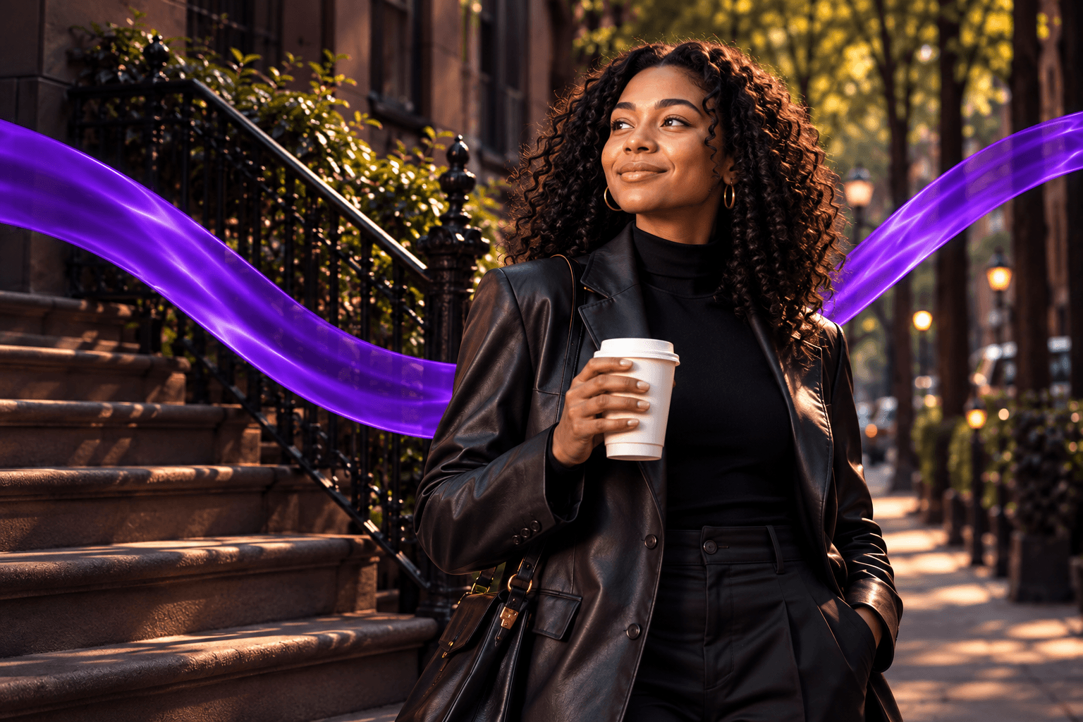 Woman holding a coffee on a sunlit neighborhood street